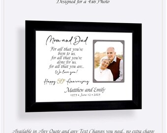Personalized 50th Anniversary Photo Frame: Golden ANY Year Wedding Gift, Custom Quote, 8x12 Mat