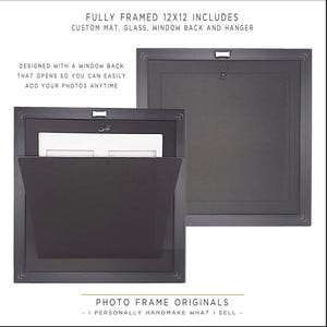 The image is a promotional image for a product called "Fully Framed 12x12 Includes". It features a black frame with a window back that allows for easy addition of photos. The frame is designed to be used with a glass, window, and hanger, providing a convenient way to display and protect photographs. The image also includes text that describes the product and its features, such as being "Designed with a window back that opens so you can easily add your photos anytime".