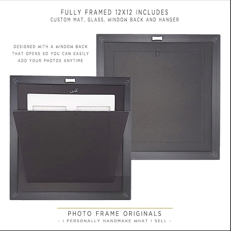 The image is a promotional image for a product called "Fully Framed 12x12 Includes". It features a black frame with a window back that allows for easy addition of photos. The frame is designed to be used with a glass, window, and hanger, providing a convenient way to display and protect photographs. The image also includes text that describes the product and its features, such as being "Designed with a window back that opens so you can easily add your photos anytime".