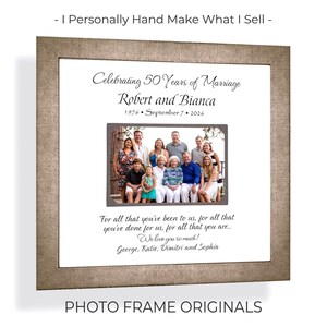 May include: A square photo frame with a textured light brown border containing a white mat. The mat features the text Celebrating 50 Years of Marriage Robert and Bianca 1976 September 7 2026, a central family photograph, and a personalized message.