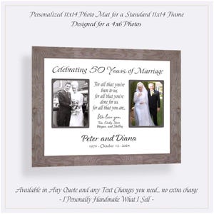 May include: A personalized photo mat for a standard 11x14 frame, designed for 4x6 photos. The mat features a gray wooden frame and includes text that reads "Celebrating 50 Years of Marriage" with two black and white photos.
