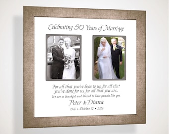May include: A framed collage featuring two wedding photographs, one black and white and one color, with the text Celebrating 50 Years of Marriage, a sentimental message, the names Peter & Diana, and the dates 1976 and 2026 in a textured frame.