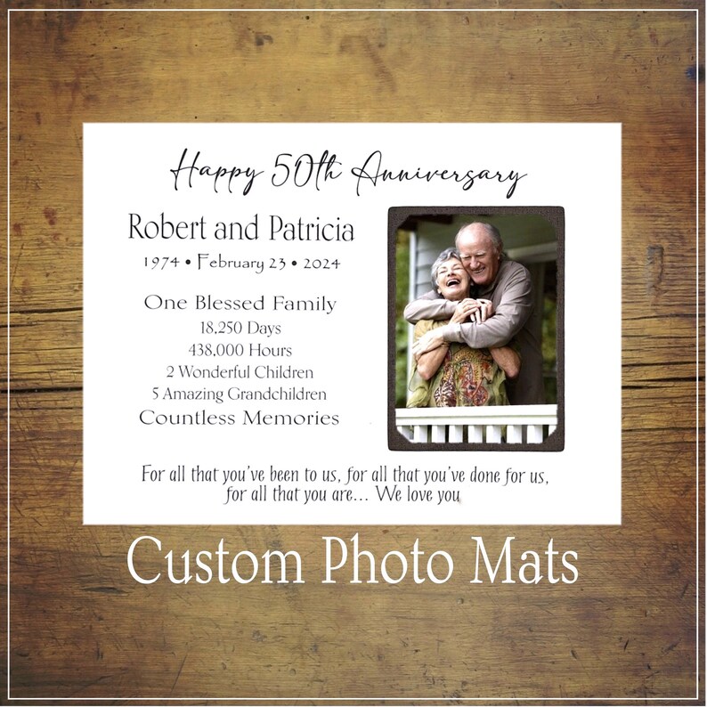 50th Anniversary Gifts for Parents, Personalized Anniversary Photo Frame, 60th Anniversary Gifts for Parents, Custom 9x12 Photo Mats image 2