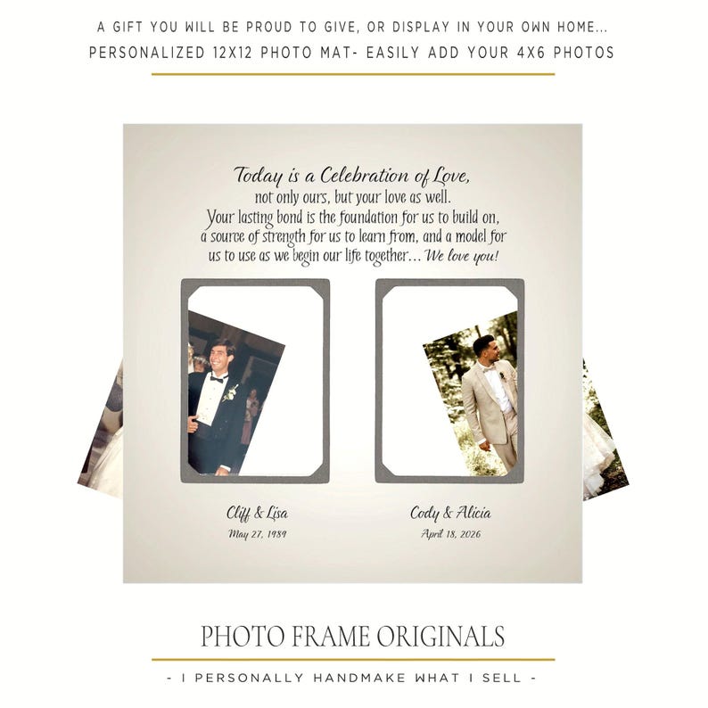 May include: A 12x12 inch personalized photo mat with two 4x6 inch openings. The mat features the text: Today is a Celebration of Love, not only ours, but your love as well. Your lasting bond is the foundation for us to build on, a source of strength for us to learn from, and a model for us to use as we begin our life together... We love you! Below the openings are the names Cliff & Lisa with the date May 27, 1989, and Cody & Alicia with the date April 18, 2026.