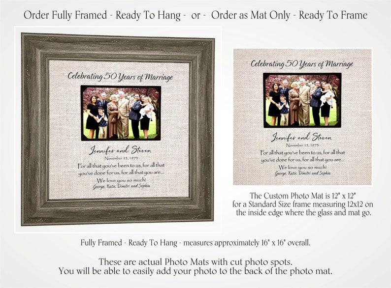 50th Wedding Anniversary Gift for Parents Golden Anniversary, Custom Personalized Wedding Anniversary Photo Picture Frame Mat image 2