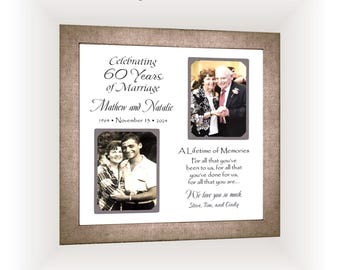 May include: A framed photo mat celebrating 60 years of marriage, with two photos and text. The text includes the names Mathew and Natalie, the date 1964-November 13-2024, and a message from Steve, Tim, and Cindy. The frame is brown.