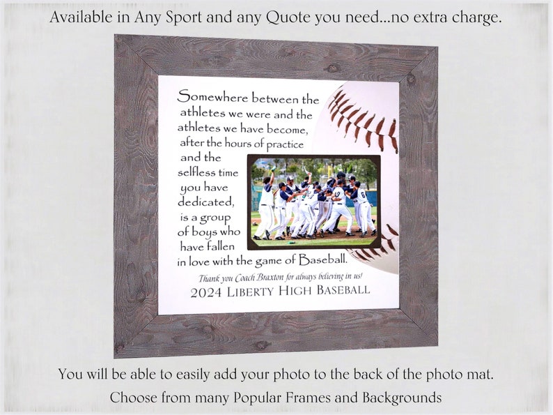 Baseball Coach Team Gift, End of Season, Senior Night Banquet, Team Thank You Gift, Personalized Baseball Coach Team Photo Frame image 2