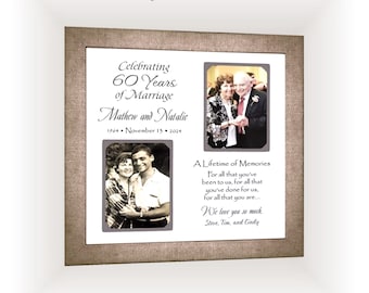 May include: A framed photo mat celebrating a 60th wedding anniversary. The mat includes two photos, text that reads "Celebrating 60 Years of Marriage," and the names Mathew and Natalie. The frame is brown.