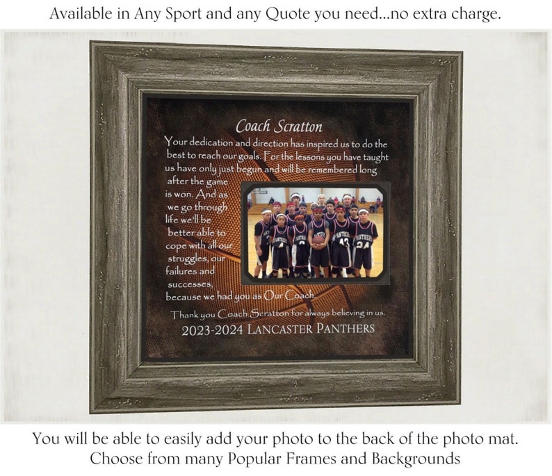 Boys Girls BASKETBALL Coach Gift, Coach Appreciation, Custom Coach Frame, Coach Thank You, End Of Season Gif, Personalized Photo Frame image 1