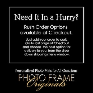 The image is a promotional advertisement for personalized photo mats for all occasions, with a focus on rush order options available at checkout.