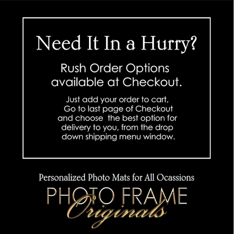 The image is a promotional advertisement for personalized photo mats for all occasions, with a focus on rush order options available at checkout.