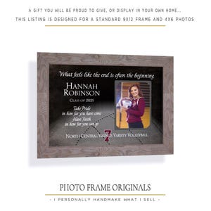 May include: A rectangular wooden picture frame with a gray finish containing a personalized print. The print features the text What feels like the end is often the beginning, Hannah Robinson, Class of 2025, and North Central Vikings Varsity Volleyball.