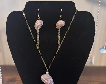 Scallop Shell Necklace/Earrings - Real Seashell on Gold Chain - Handmade Beach Jewelry - Coastal Gift