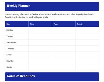 May include: A printable weekly planner for students, titled "Study Pro" by MindMap. The blue and white planner includes sections for scheduling classes, tasks, and setting priorities. It also has a section for goals and deadlines.