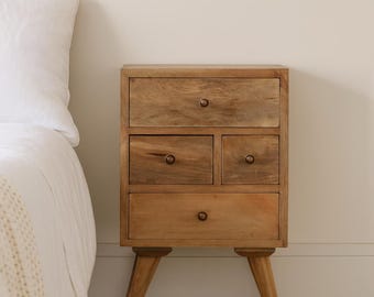 Nordic Style 4 Drawer Mango Wood Bedside Table – Handcrafted Natural Finish