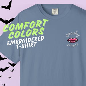 Spooky Season Vampire Fangs Embroidered Comfort Colors Unisex T-Shirt - Cute Fall Tee, Halloween Tee Shirt, Cozy Autumn Aesthetic