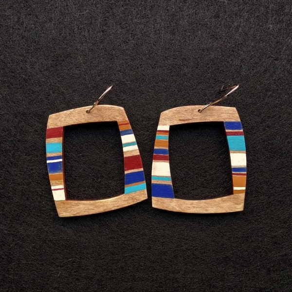 Largе Wooden Hoop Earrings, Hand Painted  Square Wooden Dangles, Statement Square Hoops, Boho Chic Wooden Squares, Statement Wooden Dangles