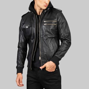 Men&#39;s Black Sheepskin Leather Bomber Jacket with Removable Hood