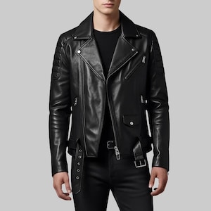 Men’s Handmade Black Cow Leather Biker Jacket – Genuine Leather, Classic Moto Style