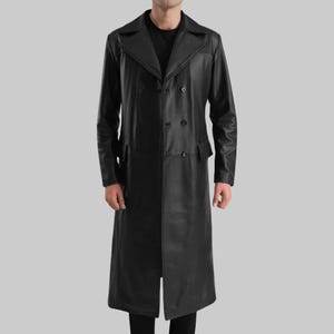 Genuine Black Leather Double Breasted Overcoat: Vintage Style Trench Coat