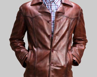 Abrigo vintage de piel de oveja marrón: Chaqueta informal para hombre