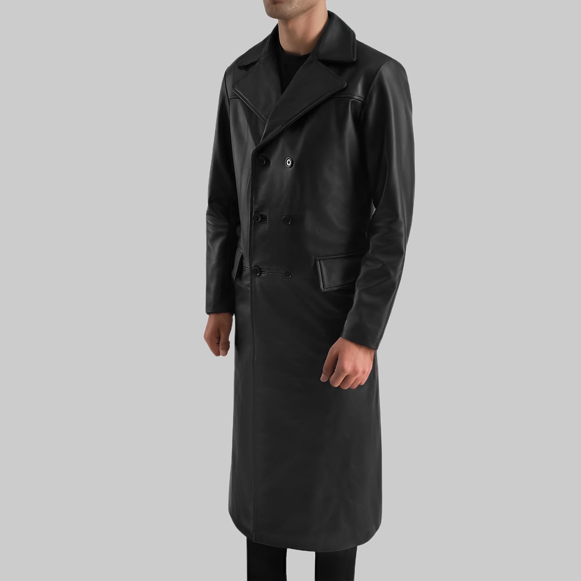 Genuine Black Leather Double Breasted Overcoat: Vintage Style