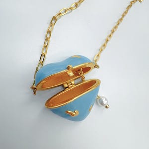 Light Blue Heart Locket Necklace Pearl Inside Crystal Box Accents Gold Chain Elegant Romantic Jewelry Gift for Her from Loved One Special