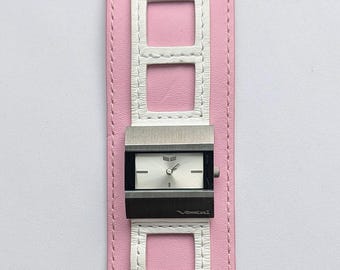 Vestal Women's Quartz Watch, Pink White, Wide Leather Band, Stainless Steel Case