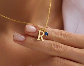 Initial Necklace Gold • Gold Letter Necklace • Sterling Silver Initial and Heart Birthstone Necklace •
