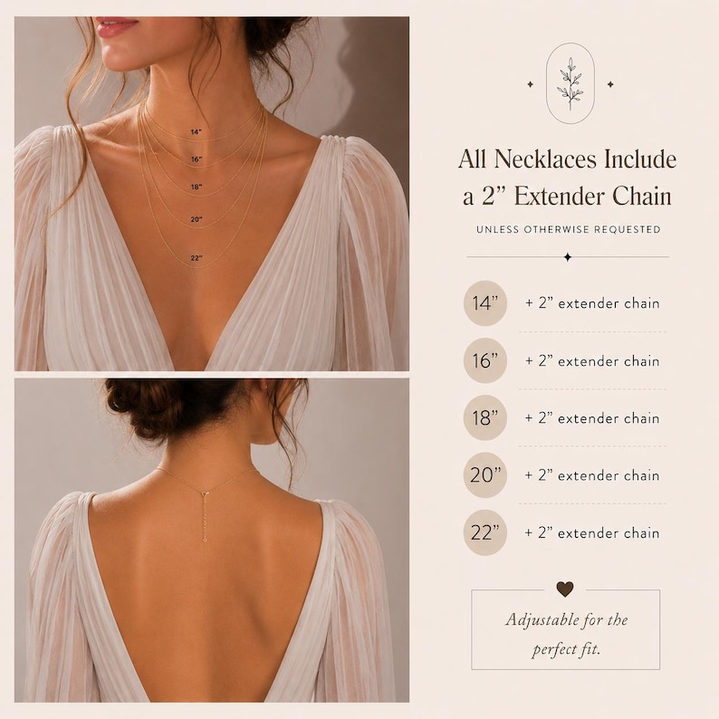 May include: A woman wearing a gold necklace with a plunging neckline. The image shows the necklace lengths: 14", 16", 18", 20", and 22", each with a 2" extender chain. Text states the necklaces are adjustable for the perfect fit.