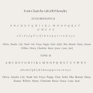 May include: A font chart by GJGOLD Jewelry, showcasing two featured fonts, 11 and 15. The chart displays uppercase and lowercase alphabets, along with a selection of names in each font style. Ideal for jewelry design.