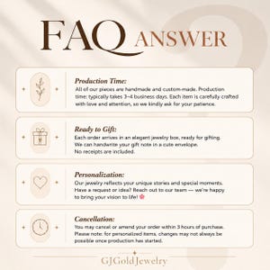 May include: A beige graphic with the text "FAQ ANSWER" at the top. Below, four sections detail production time, ready-to-gift presentation, personalization options, and cancellation policies. The GJGold Jewelry logo is at the bottom.