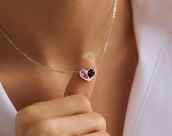 Couples Birthstone Necklace •  Two Birthstone Heart Necklace • First Mothers Day •