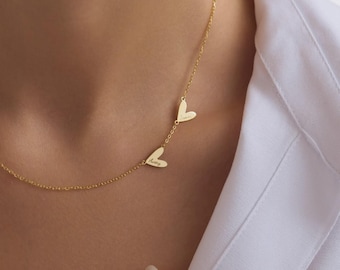 Engraved Heart Necklace • Sideways Heart Necklace Gold • Double Heart Necklace • Couples Necklace • First Mothers Day  •
