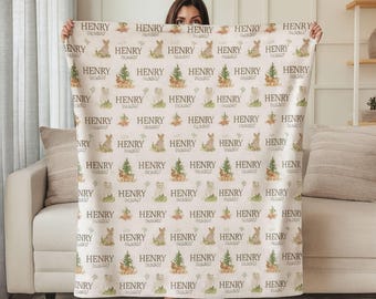 Personalized Forest Animal Baby Blanket, Custom Name Nursery Decor