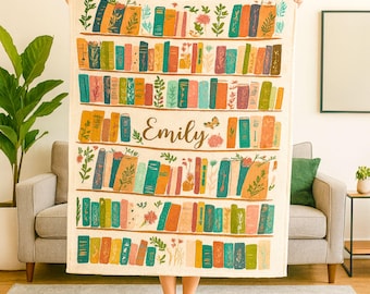 Custom Book Lovers Blanket, Vintage Bookshelf Library Throw Blanket, Cottagecore Book Wildlowers Blanket, Library Gift Floral Bookish
