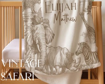 Vintage Safari Nursery Decor Personalized Blanket Gift for New Baby Boy Blanket Safari Baby Shower Gift Toddler Blanket Custom Name Gift Boy