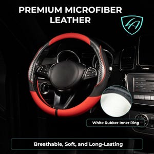 May include: A black and red steering wheel cover with the text "PREMIUM MICROFIBER LEATHER". The cover has a white rubber inner ring and is described as breathable, soft, and long-lasting.