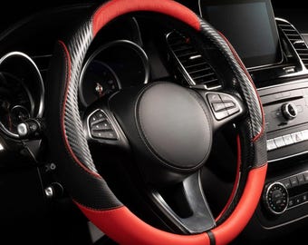 Black Red Vegan Leather Steering Wheel Cover – Non-Slip Breathable Grip Universal 15" Fit