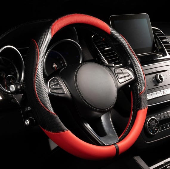 Black and Red Vegan Leather Steering Wheel Cover Non-Slip Breathable Grip Universal 15" Fit for Cars & SUVs