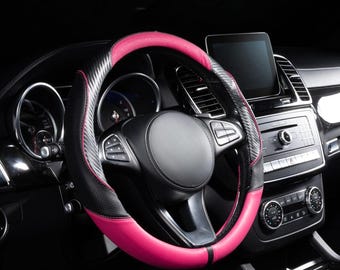 Black & Pink PU Leather Steering Wheel Cover: Non-Slip, All-Season Comfort
