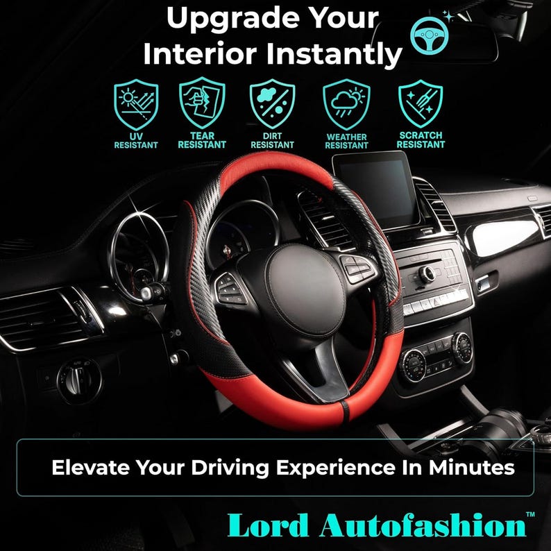 May include: A black and red steering wheel cover in a car interior. The cover is tear, dirt, weather, and scratch resistant. Text reads "Upgrade Your Interior Instantly" and "Elevate Your Driving Experience In Minutes."