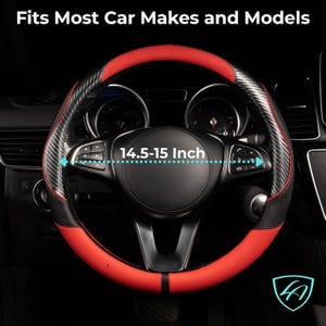 May include: A black and red steering wheel cover with a carbon fiber design. The cover fits steering wheels 14.5-15 inches in diameter. The text "Fits Most Car Makes and Models" is at the top.