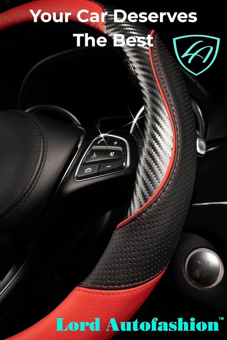May include: Black and red steering wheel cover with carbon fiber accents. The cover has a perforated texture and red stitching. Text on the image reads "Your Car Deserves The Best" and "Lord Autofashion".