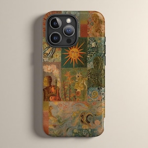 May include: A colorful phone case featuring a collage of artistic images. The design includes a sun, figures, and abstract patterns in shades of orange, green, and blue. The case is designed to fit a smartphone.