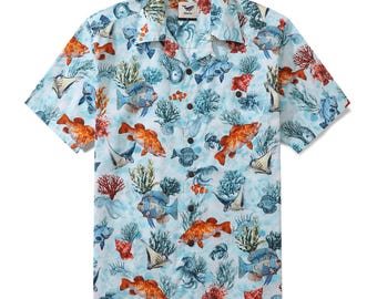 Camisa hawaiana con estampado de peces azules para hombre: Camisa hawaiana de cuello campestre 100 % algodón