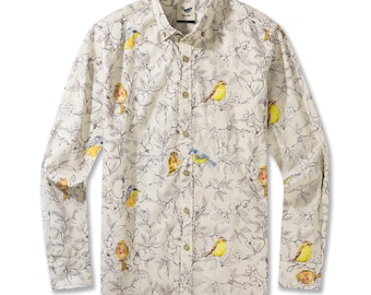 Camisa hawaiana de algodón con pájaros y flores: Camisa hawaiana de manga larga