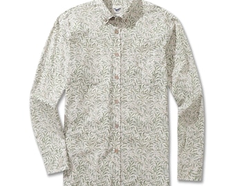 Camisa hawaiana de algodón de manga larga con estampado de sauce para hombre
