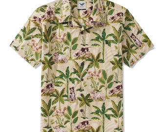 Camisa hawaiana para hombre con estampado tropical "Día del Perro" / 100% algodón con cuello tipo campamento