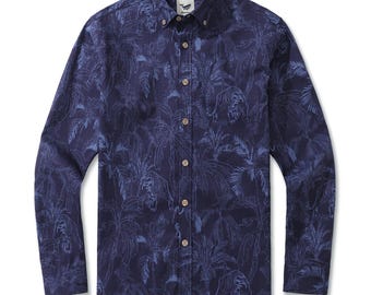 Camisa hawaiana de manga larga para hombre: Estampado de jungla misteriosa, camisa hawaiana de algodón